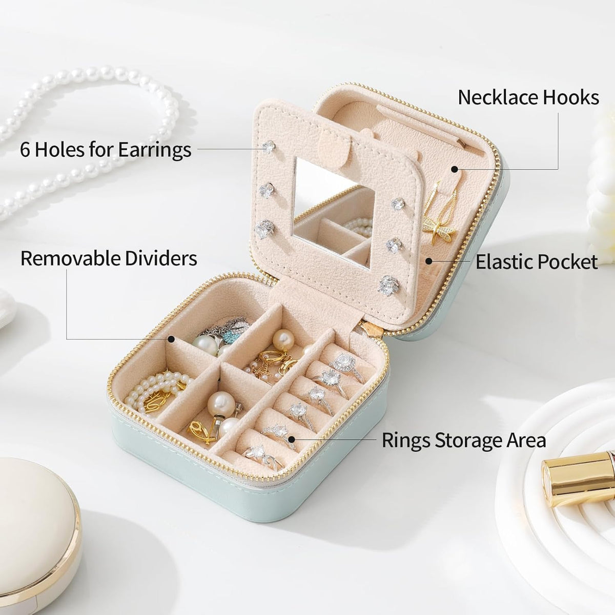 Genuine Leather Travel Jewelry Organizer Case with Mirror for Women, Small Mini Portable Jewelry Box for Earring, Ring, Necklace, Bracelet（Mint Green）
