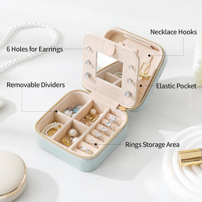 Genuine Leather Travel Jewelry Organizer Case with Mirror for Women, Small Mini Portable Jewelry Box for Earring, Ring, Necklace, Bracelet（Mint Green）
