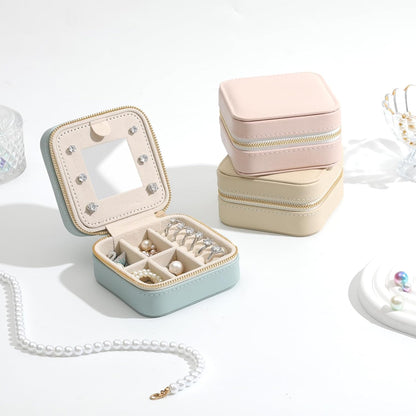 Genuine Leather Travel Jewelry Organizer Case with Mirror for Women, Small Mini Portable Jewelry Box for Earring, Ring, Necklace, Bracelet（Mint Green）