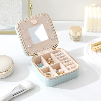 Genuine Leather Travel Jewelry Organizer Case with Mirror for Women, Small Mini Portable Jewelry Box for Earring, Ring, Necklace, Bracelet（Mint Green）