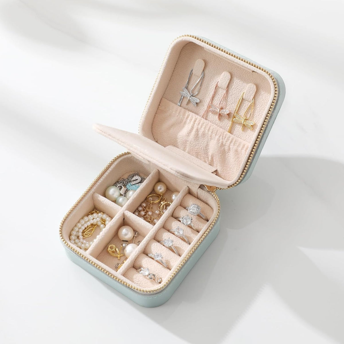 Genuine Leather Travel Jewelry Organizer Case with Mirror for Women, Small Mini Portable Jewelry Box for Earring, Ring, Necklace, Bracelet（Mint Green）
