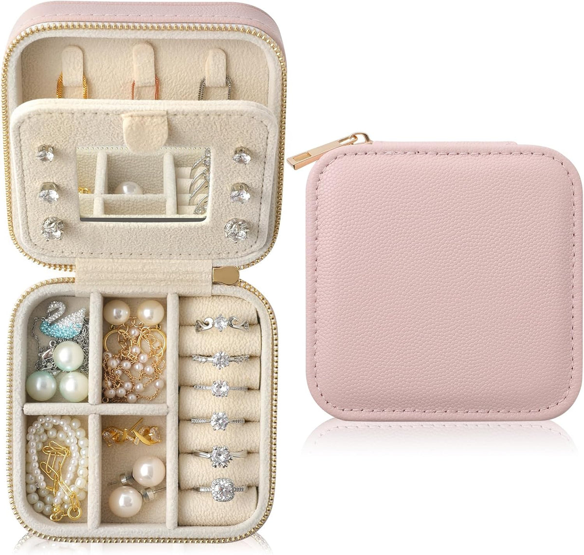 Genuine Leather Travel Jewelry Organizer Case with Mirror for Women, Small Mini Portable Jewelry Box for Earring, Ring, Necklace, Bracelet（Mint Green）