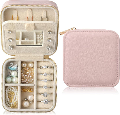Genuine Leather Travel Jewelry Organizer Case with Mirror for Women, Small Mini Portable Jewelry Box for Earring, Ring, Necklace, Bracelet（Mint Green）