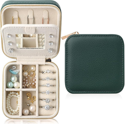 Genuine Leather Travel Jewelry Organizer Case with Mirror for Women, Small Mini Portable Jewelry Box for Earring, Ring, Necklace, Bracelet（Mint Green）