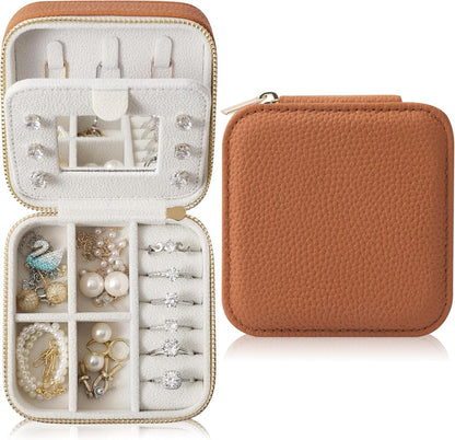 Genuine Leather Travel Jewelry Organizer Case with Mirror for Women, Small Mini Portable Jewelry Box for Earring, Ring, Necklace, Bracelet（Mint Green）