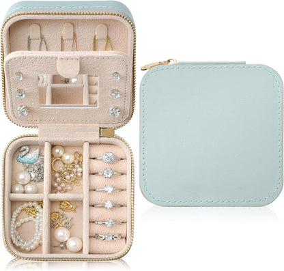 Genuine Leather Travel Jewelry Organizer Case with Mirror for Women, Small Mini Portable Jewelry Box for Earring, Ring, Necklace, Bracelet（Mint Green）