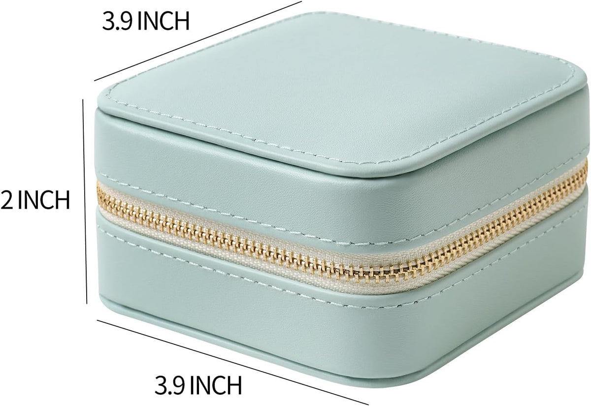 Genuine Leather Travel Jewelry Organizer Case with Mirror for Women, Small Mini Portable Jewelry Box for Earring, Ring, Necklace, Bracelet（Mint Green）