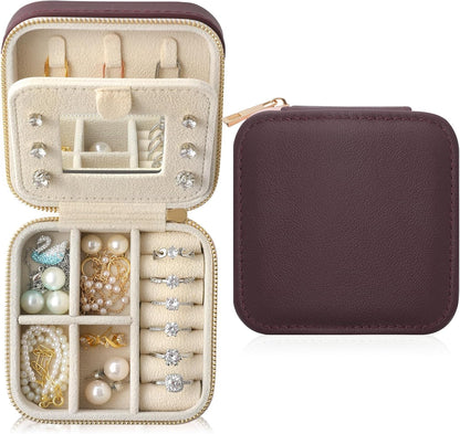 Genuine Leather Travel Jewelry Organizer Case with Mirror for Women, Small Mini Portable Jewelry Box for Earring, Ring, Necklace, Bracelet（Mint Green）