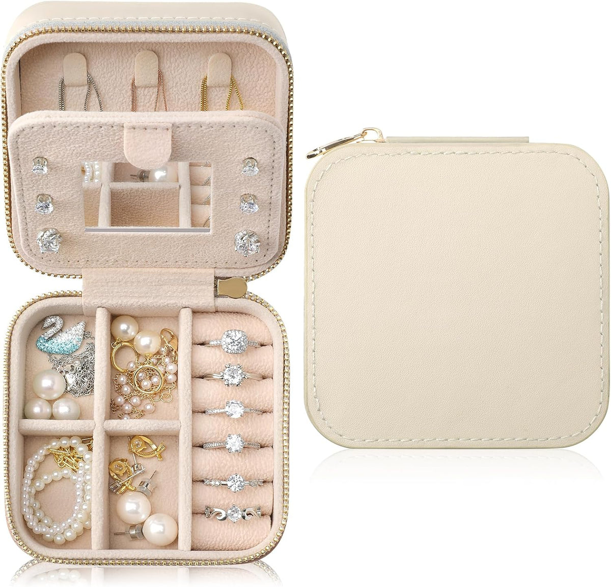Genuine Leather Travel Jewelry Organizer Case with Mirror for Women, Small Mini Portable Jewelry Box for Earring, Ring, Necklace, Bracelet（Mint Green）