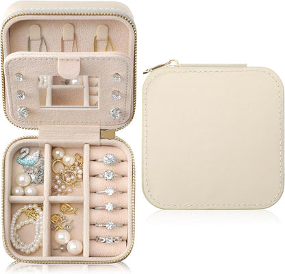 Genuine Leather Travel Jewelry Organizer Case with Mirror for Women, Small Mini Portable Jewelry Box for Earring, Ring, Necklace, Bracelet（Mint Green）