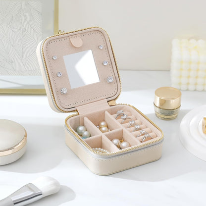 Genuine Leather Travel Jewelry Organizer Case with Mirror for Women, Small Mini Portable Jewelry Box for Earring, Ring, Necklace, Bracelet（Mint Green）