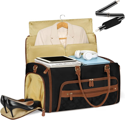 Convertible Garment Bag for Travel Women 51L Carry On Garment Bag | Garment Duffel Bag with shoe pouch, dry/wet pockets, foldable water-resistant PU, suit/dress wrinkle care for business trips