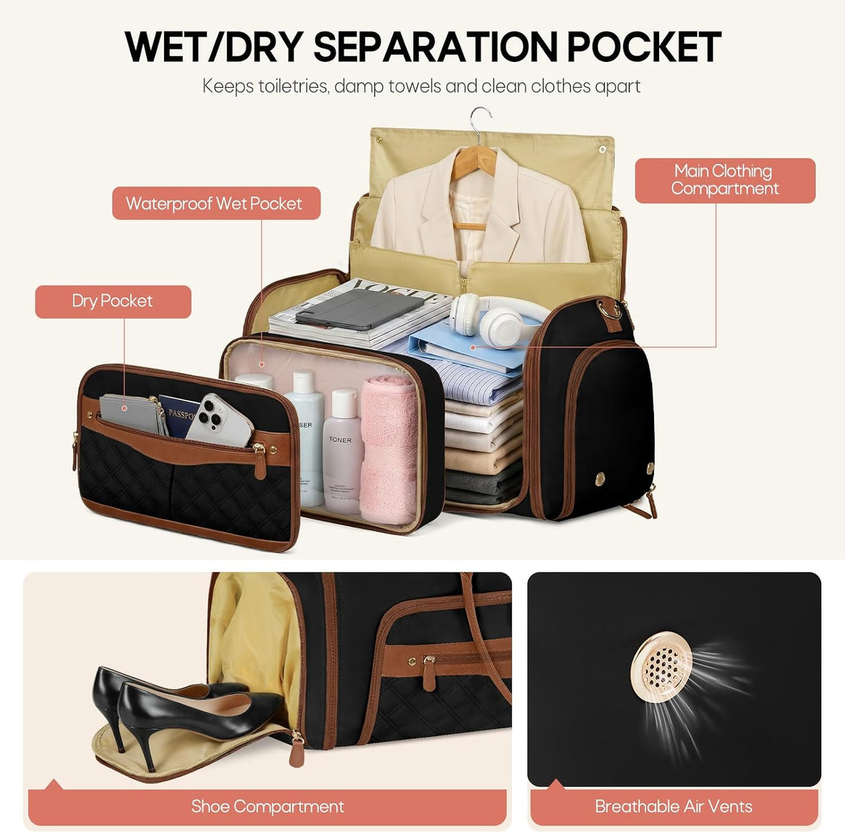 Convertible Garment Bag for Travel Women 51L Carry On Garment Bag | Garment Duffel Bag with shoe pouch, dry/wet pockets, foldable water-resistant PU, suit/dress wrinkle care for business trips
