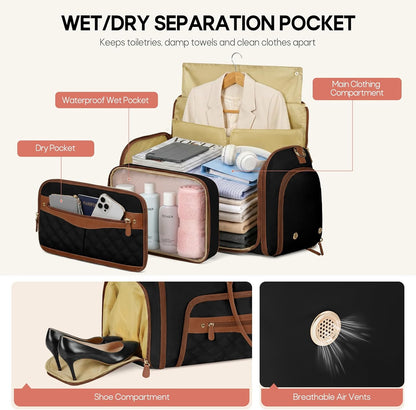Convertible Garment Bag for Travel Women 51L Carry On Garment Bag | Garment Duffel Bag with shoe pouch, dry/wet pockets, foldable water-resistant PU, suit/dress wrinkle care for business trips