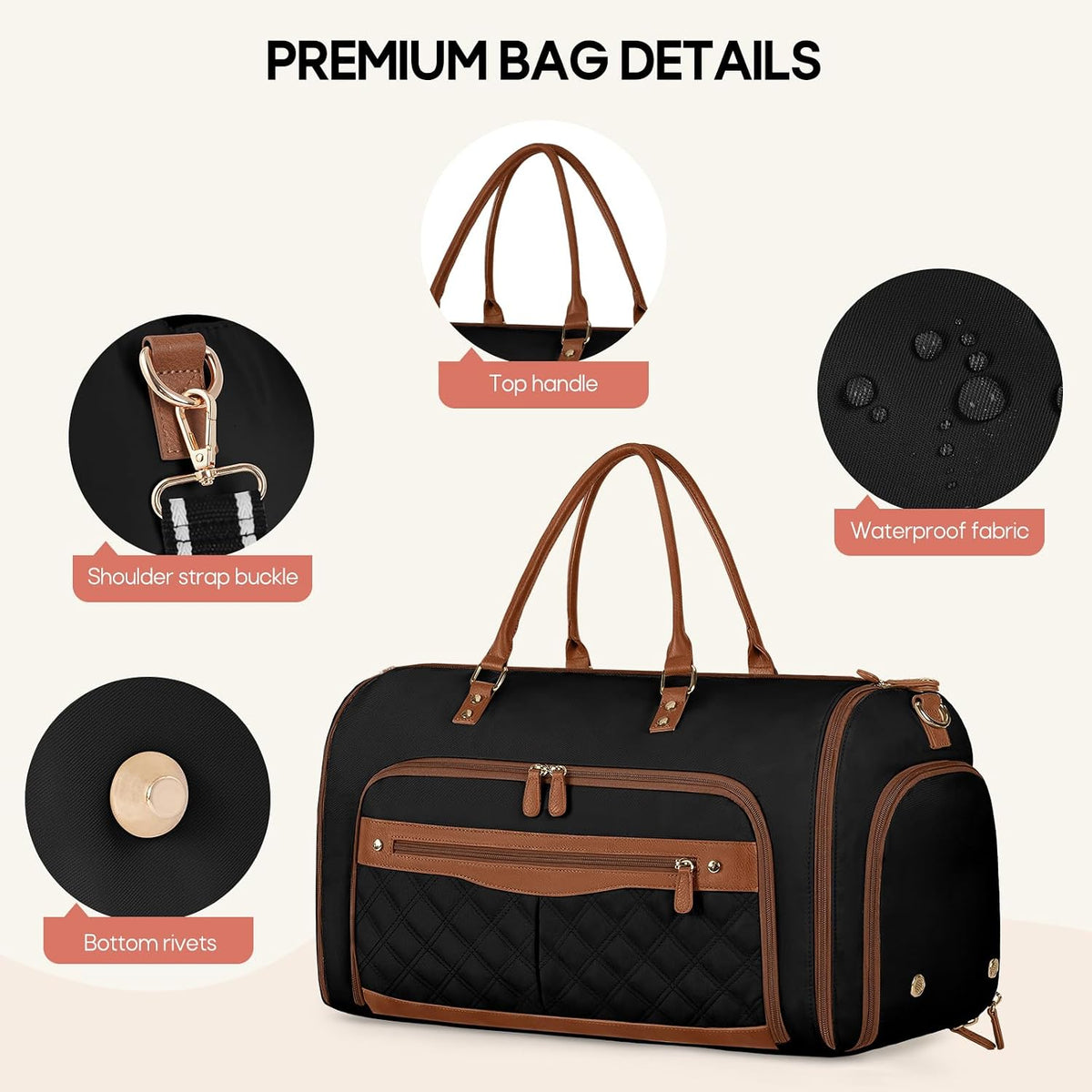 Convertible Garment Bag for Travel Women 51L Carry On Garment Bag | Garment Duffel Bag with shoe pouch, dry/wet pockets, foldable water-resistant PU, suit/dress wrinkle care for business trips