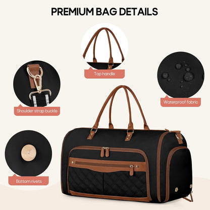 Convertible Garment Bag for Travel Women 51L Carry On Garment Bag | Garment Duffel Bag with shoe pouch, dry/wet pockets, foldable water-resistant PU, suit/dress wrinkle care for business trips
