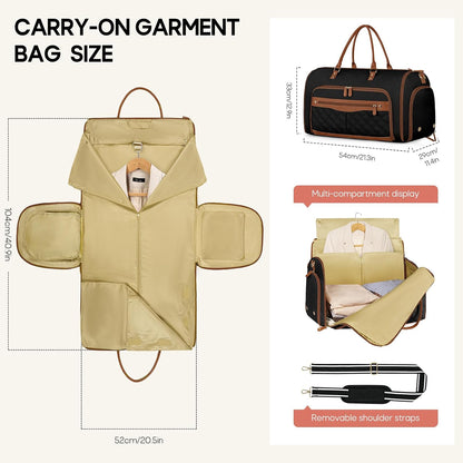 Convertible Garment Bag for Travel Women 51L Carry On Garment Bag | Garment Duffel Bag with shoe pouch, dry/wet pockets, foldable water-resistant PU, suit/dress wrinkle care for business trips