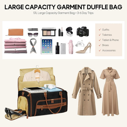 Convertible Garment Bag for Travel Women 51L Carry On Garment Bag | Garment Duffel Bag with shoe pouch, dry/wet pockets, foldable water-resistant PU, suit/dress wrinkle care for business trips
