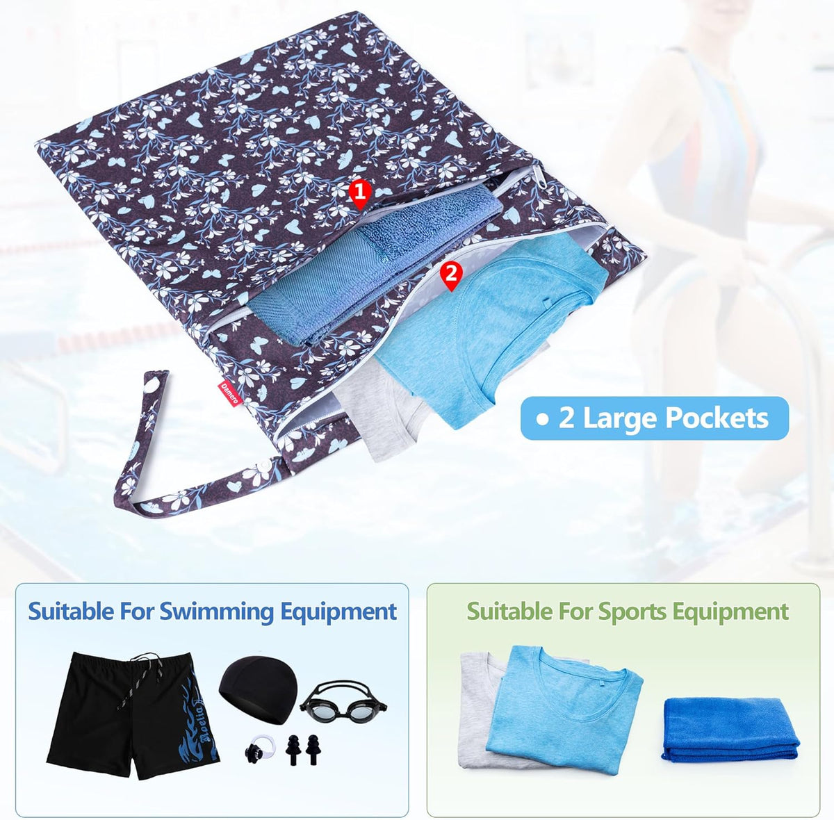 3 PCS Travel Laundry Bag, Reusable Wet Dry Bag, Washable Dirty Clothes Bag Bathing Suit Workout Bag for Gym Swimming Yoga Laundry Wet Clothes, Gray Flowers