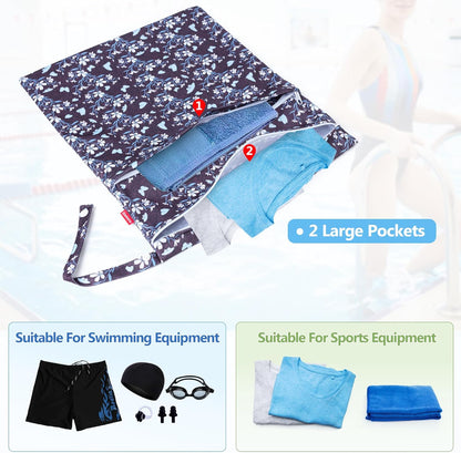 3 PCS Travel Laundry Bag, Reusable Wet Dry Bag, Washable Dirty Clothes Bag Bathing Suit Workout Bag for Gym Swimming Yoga Laundry Wet Clothes, Gray Flowers