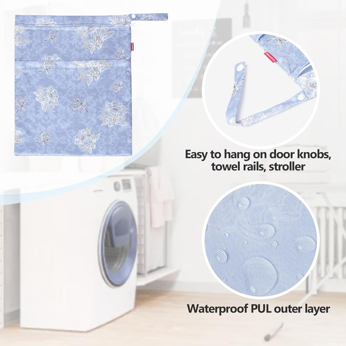 3 PCS Travel Laundry Bag, Reusable Wet Dry Bag, Washable Dirty Clothes Bag Bathing Suit Workout Bag for Gym Swimming Yoga Laundry Wet Clothes, Gray Flowers