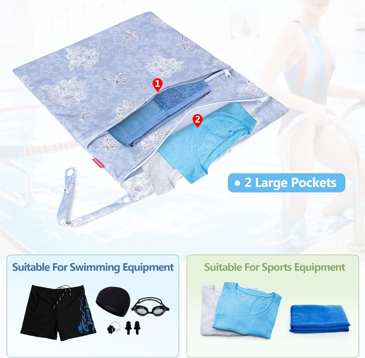 3 PCS Travel Laundry Bag, Reusable Wet Dry Bag, Washable Dirty Clothes Bag Bathing Suit Workout Bag for Gym Swimming Yoga Laundry Wet Clothes, Gray Flowers