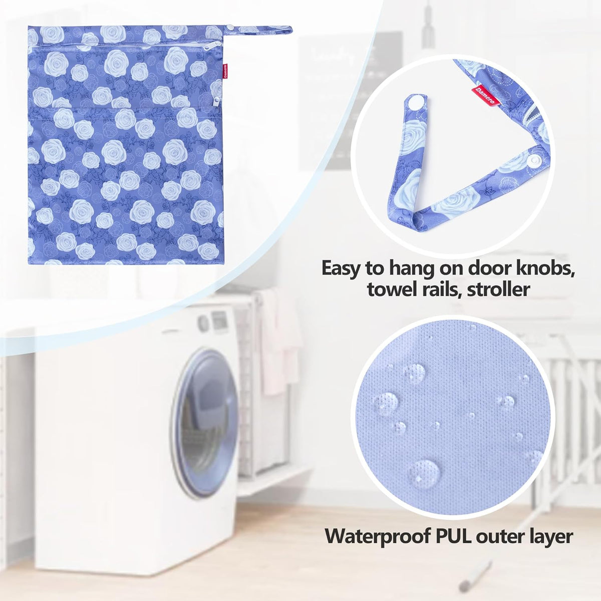 3 PCS Travel Laundry Bag, Reusable Wet Dry Bag, Washable Dirty Clothes Bag Bathing Suit Workout Bag for Gym Swimming Yoga Laundry Wet Clothes, Gray Flowers