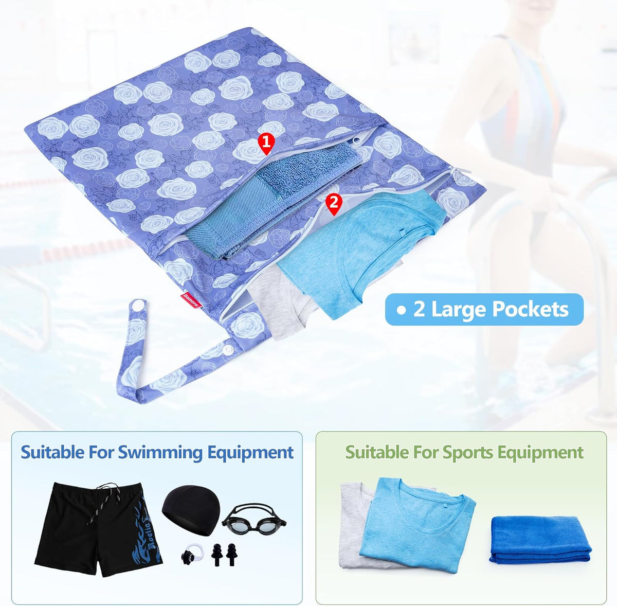 3 PCS Travel Laundry Bag, Reusable Wet Dry Bag, Washable Dirty Clothes Bag Bathing Suit Workout Bag for Gym Swimming Yoga Laundry Wet Clothes, Gray Flowers