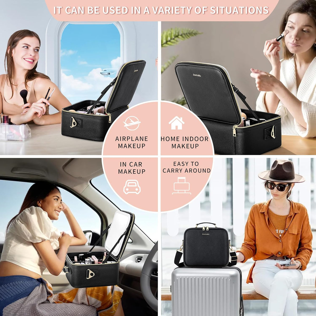 Travel Makeup Bag with LED Mirror, Portable Cosmetic Case Organizer with Lighted Mirror, Waterproof Makeup Case for Cosmetic Brush Holder Storage, Black Toiletry Bag for Women Gift