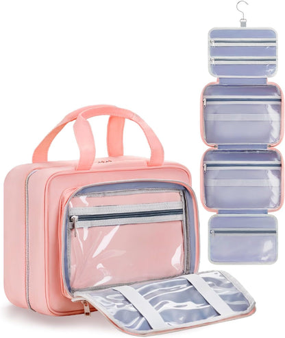 Travel Hanging Toiletry Bag for Women - Waterproof Cosmetic Organizer with Clear Window, Lightweight Bathroom Bags for Essentials, Makeup, Shampoo, Toiletries Pink, Medium