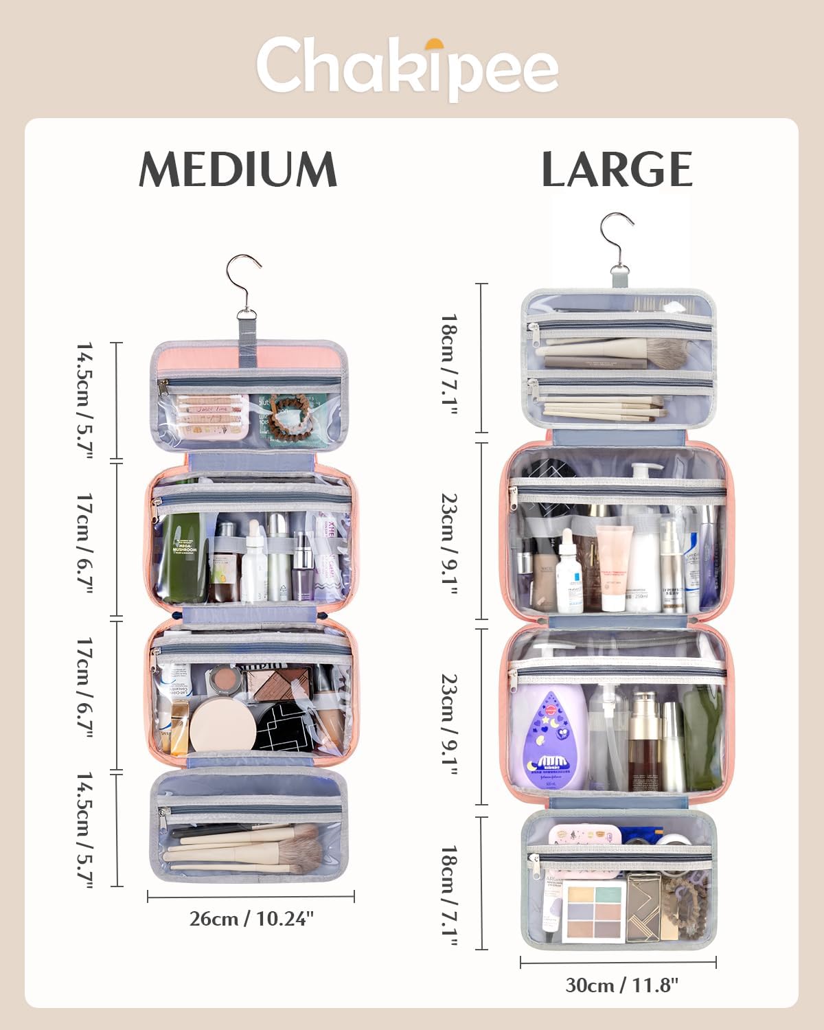 Travel Hanging Toiletry Bag for Women - Waterproof Cosmetic Organizer with Clear Window, Lightweight Bathroom Bags for Essentials, Makeup, Shampoo, Toiletries Pink, Medium