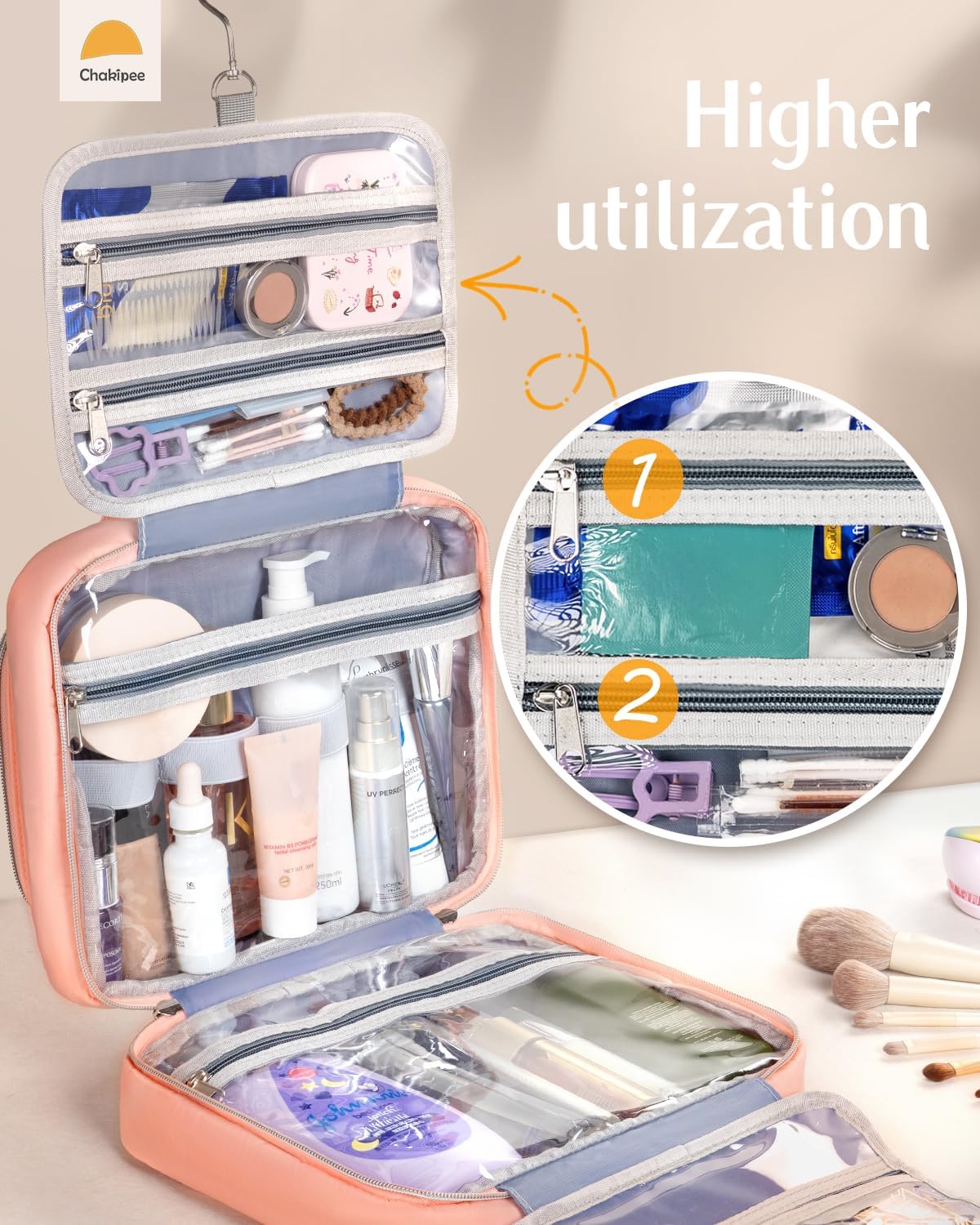 Travel Hanging Toiletry Bag for Women - Waterproof Cosmetic Organizer with Clear Window, Lightweight Bathroom Bags for Essentials, Makeup, Shampoo, Toiletries Pink, Medium