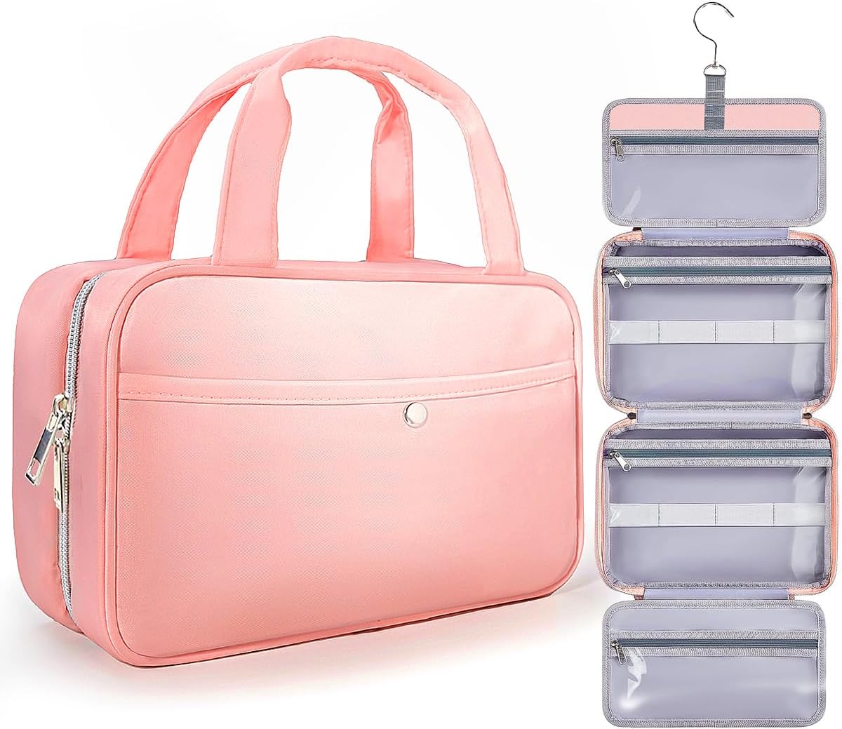 Travel Hanging Toiletry Bag for Women - Waterproof Cosmetic Organizer with Clear Window, Lightweight Bathroom Bags for Essentials, Makeup, Shampoo, Toiletries Pink, Medium