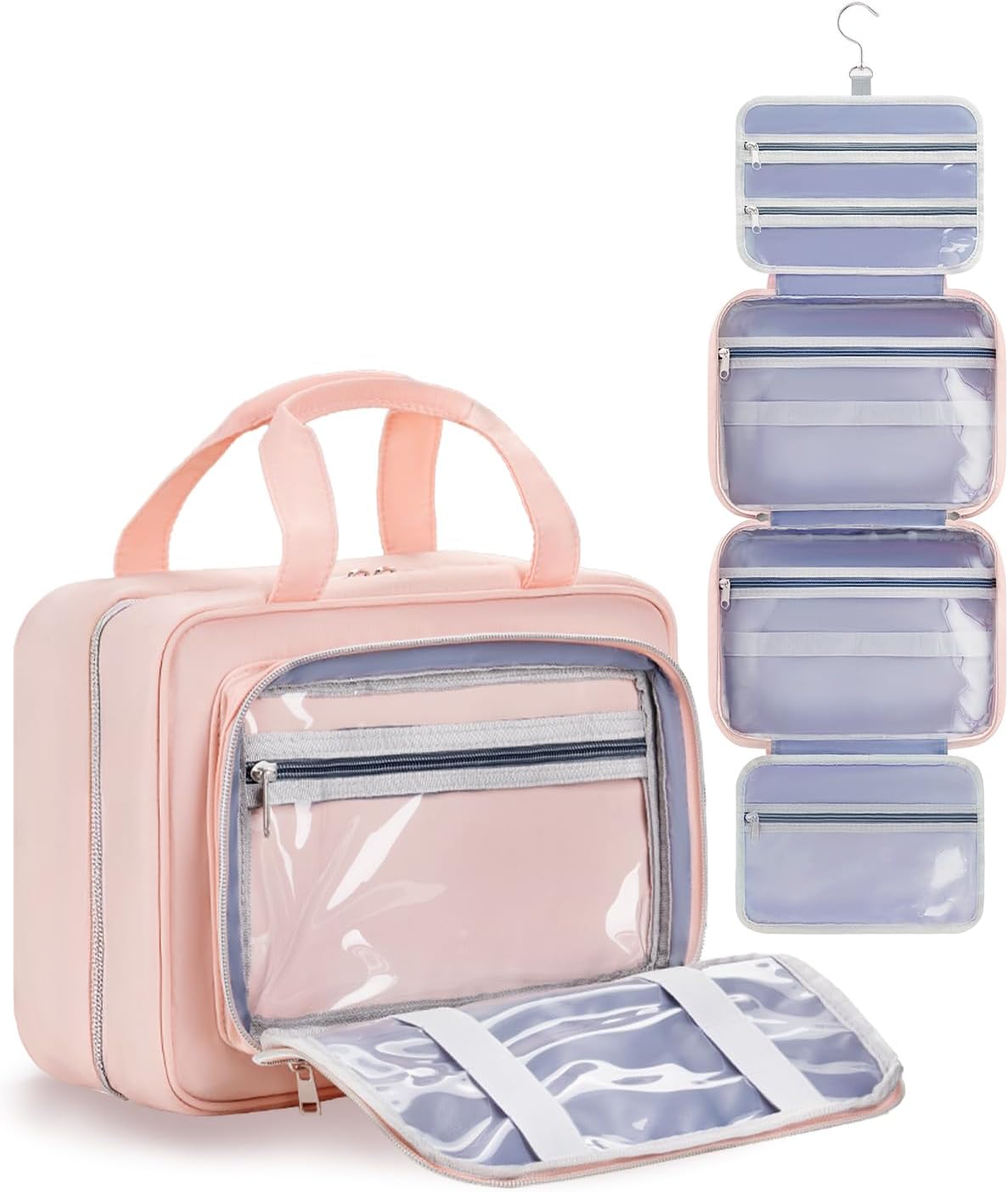 Travel Hanging Toiletry Bag for Women - Waterproof Cosmetic Organizer with Clear Window, Lightweight Bathroom Bags for Essentials, Makeup, Shampoo, Toiletries Pink, Medium