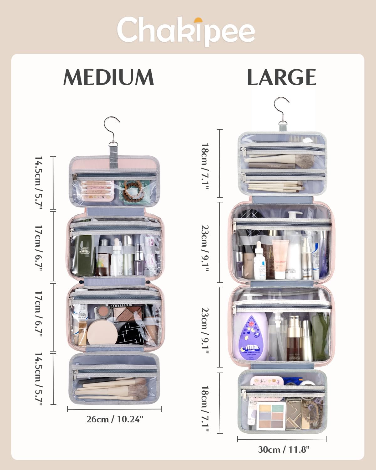 Travel Hanging Toiletry Bag for Women - Waterproof Cosmetic Organizer with Clear Window, Lightweight Bathroom Bags for Essentials, Makeup, Shampoo, Toiletries Pink, Medium