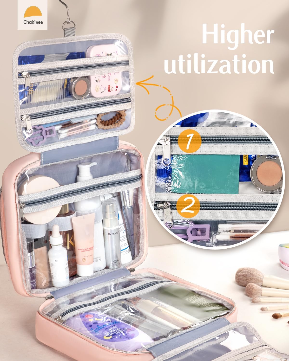 Travel Hanging Toiletry Bag for Women - Waterproof Cosmetic Organizer with Clear Window, Lightweight Bathroom Bags for Essentials, Makeup, Shampoo, Toiletries Pink, Medium