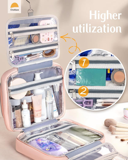 Travel Hanging Toiletry Bag for Women - Waterproof Cosmetic Organizer with Clear Window, Lightweight Bathroom Bags for Essentials, Makeup, Shampoo, Toiletries Pink, Medium