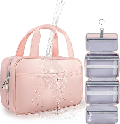 Travel Hanging Toiletry Bag for Women - Waterproof Cosmetic Organizer with Clear Window, Lightweight Bathroom Bags for Essentials, Makeup, Shampoo, Toiletries Pink, Medium
