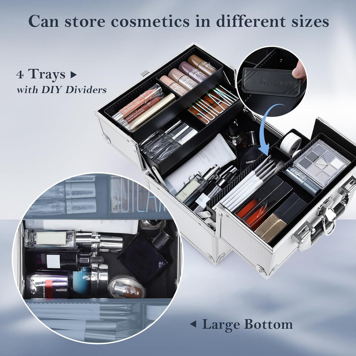 Makeup Train Case Cosmetic Box Portable Makeup Case Organizer 4 Trays Travel Case Storage with Dividers Lockable for Make up Artist Crafter Nail Kits Tools Black Floral