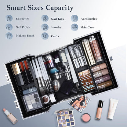 Makeup Train Case Cosmetic Box Portable Makeup Case Organizer 4 Trays Travel Case Storage with Dividers Lockable for Make up Artist Crafter Nail Kits Tools Black Floral