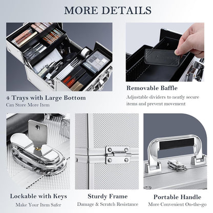 Makeup Train Case Cosmetic Box Portable Makeup Case Organizer 4 Trays Travel Case Storage with Dividers Lockable for Make up Artist Crafter Nail Kits Tools Black Floral