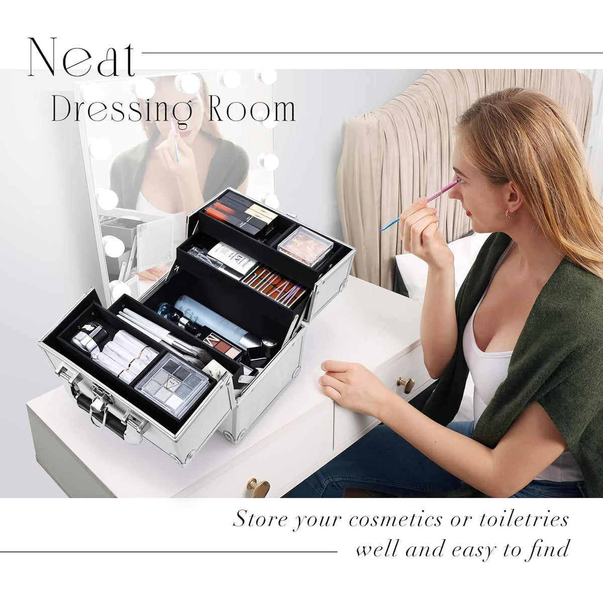 Makeup Train Case Cosmetic Box Portable Makeup Case Organizer 4 Trays Travel Case Storage with Dividers Lockable for Make up Artist Crafter Nail Kits Tools Black Floral