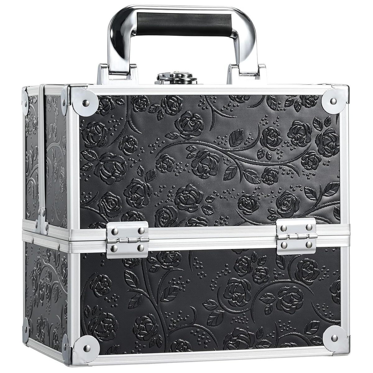Makeup Train Case Cosmetic Box Portable Makeup Case Organizer 4 Trays Travel Case Storage with Dividers Lockable for Make up Artist Crafter Nail Kits Tools Black Floral