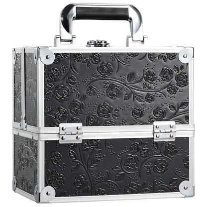 Makeup Train Case Cosmetic Box Portable Makeup Case Organizer 4 Trays Travel Case Storage with Dividers Lockable for Make up Artist Crafter Nail Kits Tools Black Floral