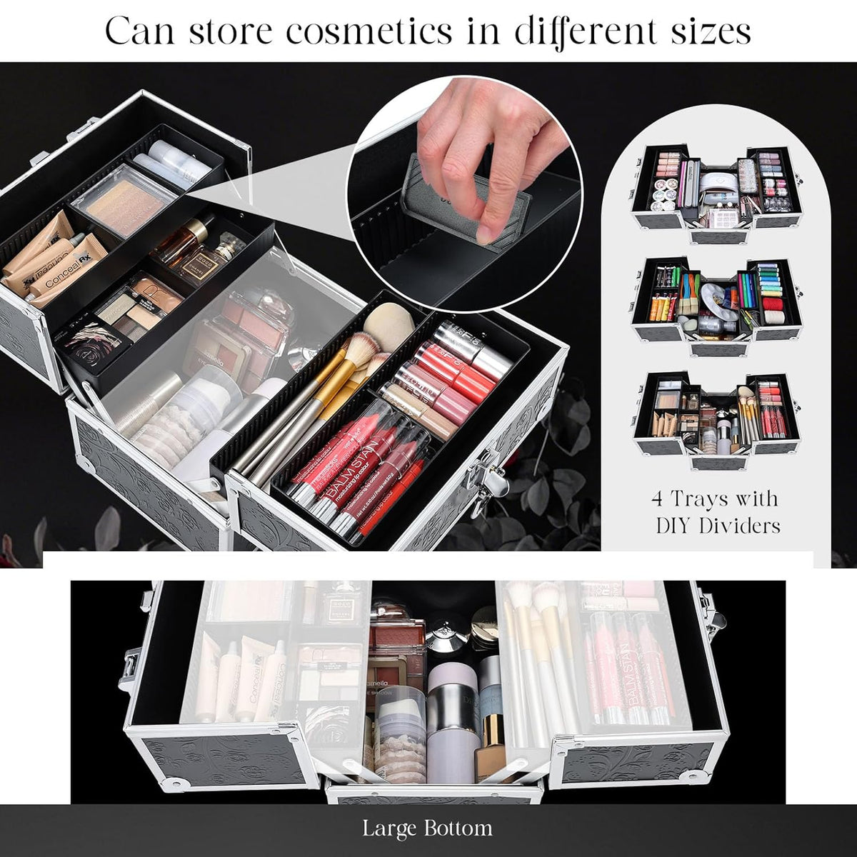 Makeup Train Case Cosmetic Box Portable Makeup Case Organizer 4 Trays Travel Case Storage with Dividers Lockable for Make up Artist Crafter Nail Kits Tools Black Floral