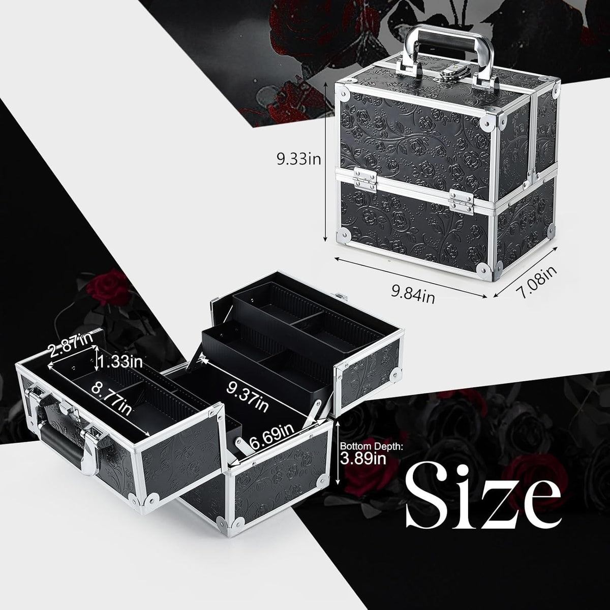 Makeup Train Case Cosmetic Box Portable Makeup Case Organizer 4 Trays Travel Case Storage with Dividers Lockable for Make up Artist Crafter Nail Kits Tools Black Floral
