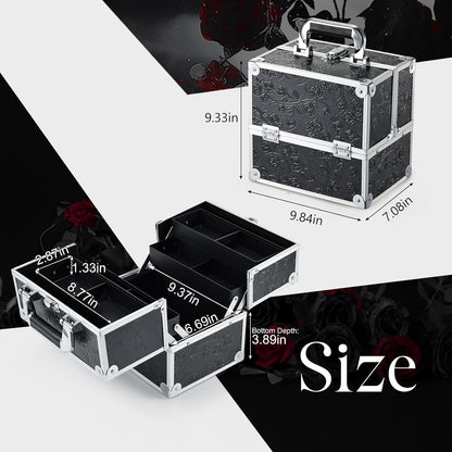 Makeup Train Case Cosmetic Box Portable Makeup Case Organizer 4 Trays Travel Case Storage with Dividers Lockable for Make up Artist Crafter Nail Kits Tools Black Floral