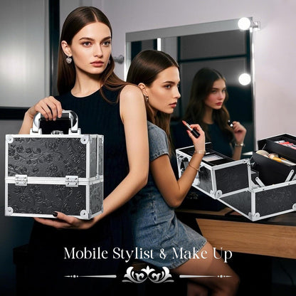 Makeup Train Case Cosmetic Box Portable Makeup Case Organizer 4 Trays Travel Case Storage with Dividers Lockable for Make up Artist Crafter Nail Kits Tools Black Floral
