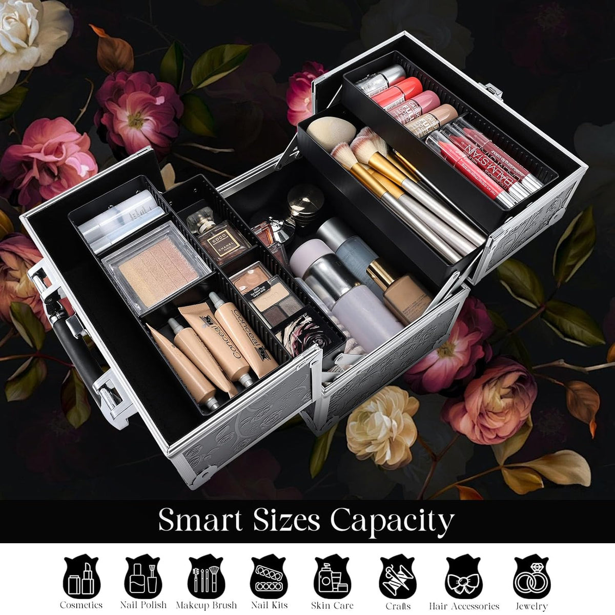 Makeup Train Case Cosmetic Box Portable Makeup Case Organizer 4 Trays Travel Case Storage with Dividers Lockable for Make up Artist Crafter Nail Kits Tools Black Floral
