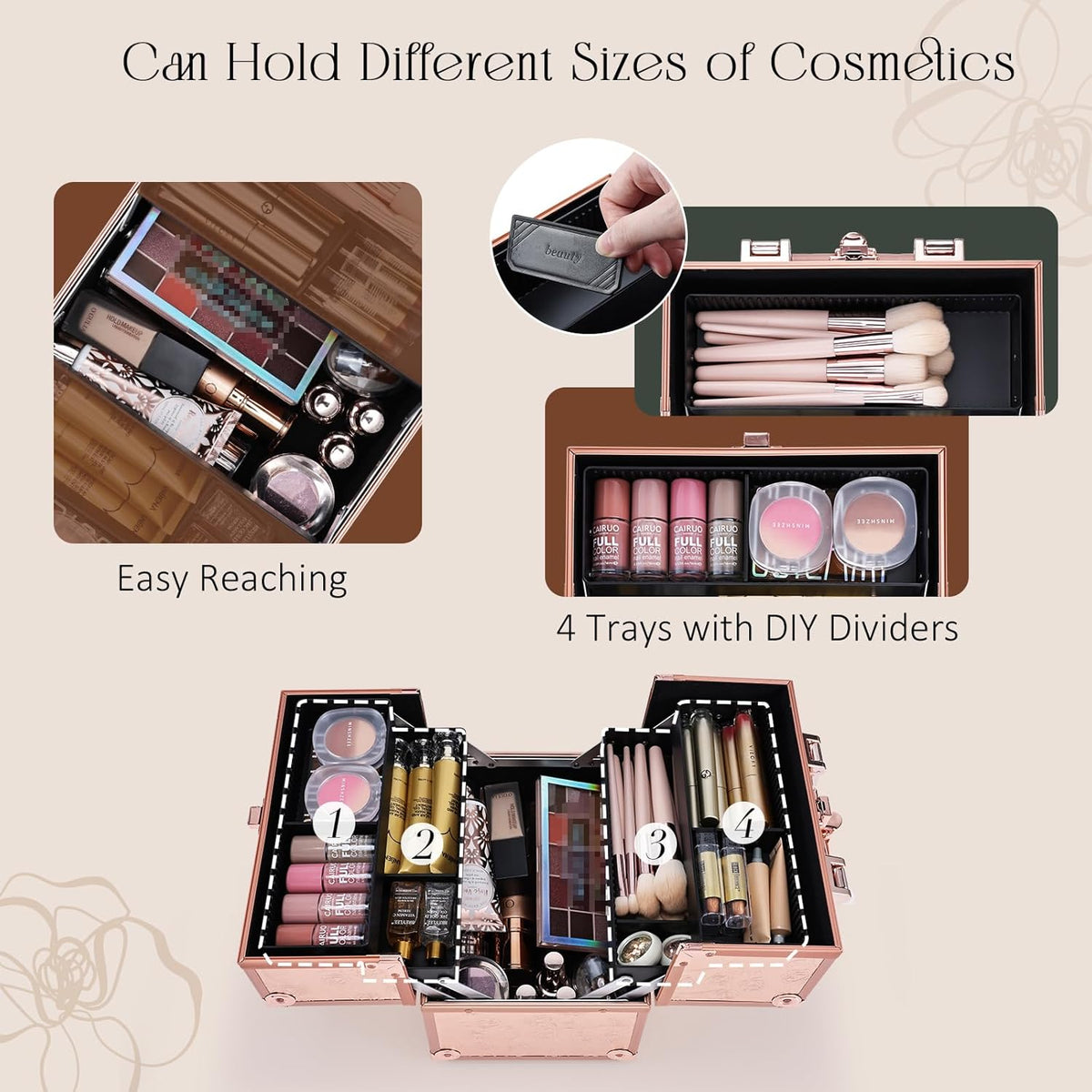 Makeup Train Case Cosmetic Box Portable Makeup Case Organizer 4 Trays Travel Case Storage with Dividers Lockable for Make up Artist Crafter Nail Kits Tools Black Floral